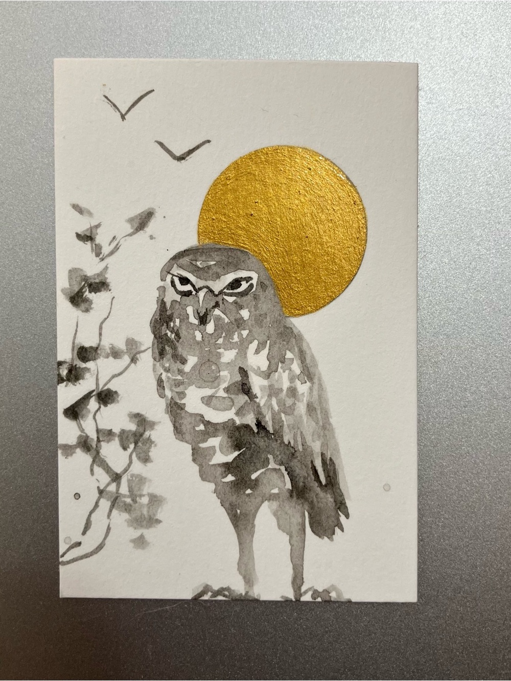 Original owl painting miniature realism art sumi-e style ink gift artwork USA